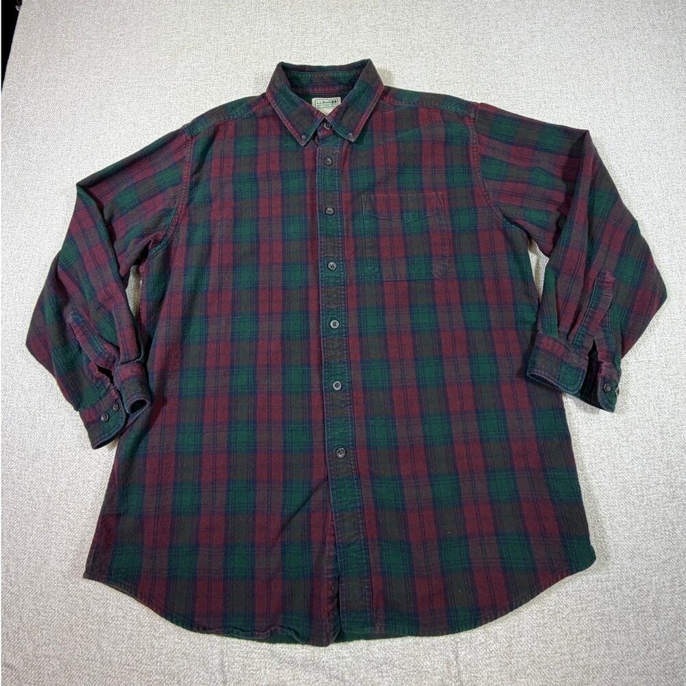 LL Bean Men Large Red Green Buffalo Check Flannel Button Front Long Sleeve Shirt